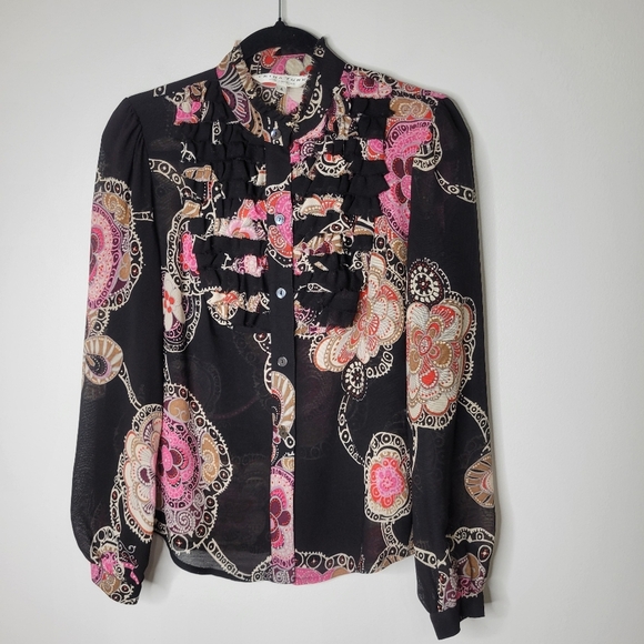 Trina Turk Black and Pink Button Down Shirt - Picture 1 of 7